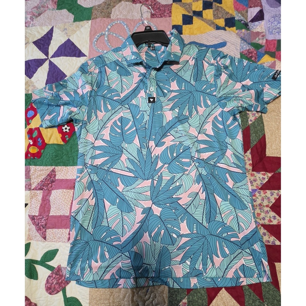 Bad Birdie Men's Performance Polo Shirt Tropical Palms Green Blue Pink Size M